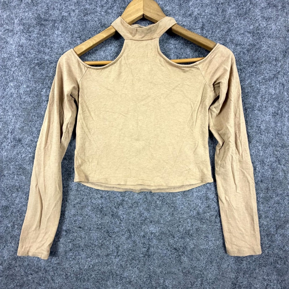 Heart & Hips Cropped Top Womens Medium Tan Cotton Mock Neck Cold Shoulder Sleeve